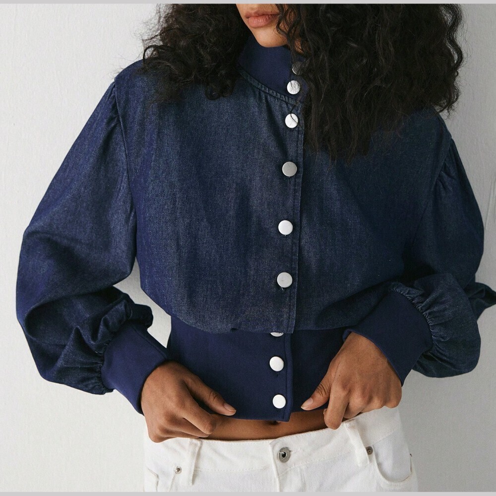 Navy Blue Denim Snap Button Ribbed Trim Cropped Bomber Jacket